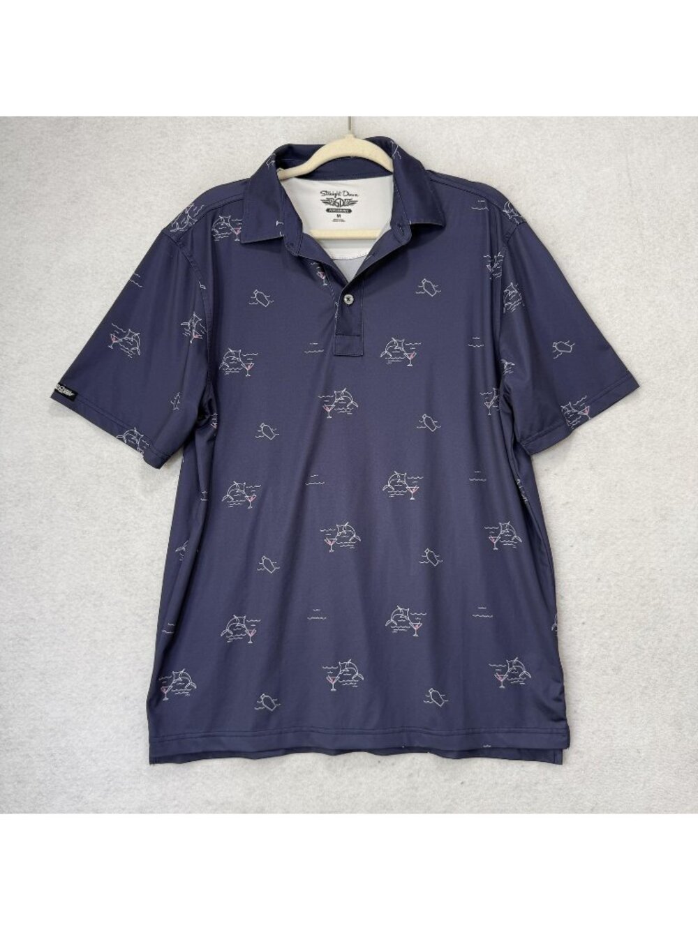 Straight Down Polo Shirt Mens Medium Blue Graphic Print Performance Golf Stretch
